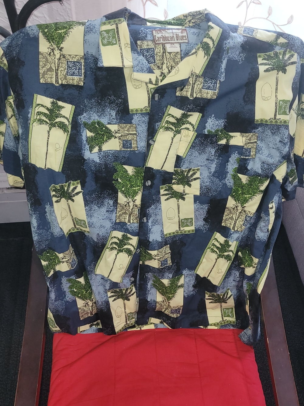 Caribbean Blue and Yellow Palm Print Casual Button Down Shirt